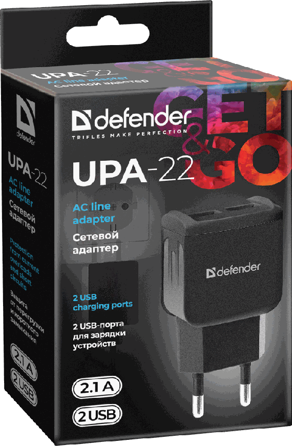 Зарядное устройство DEFENDER (83579)UPA-22 black, 2xUSB, 2.1A
