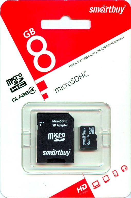 Карта памяти SmartBuy microSDHC 8GB Class 4 + adapter