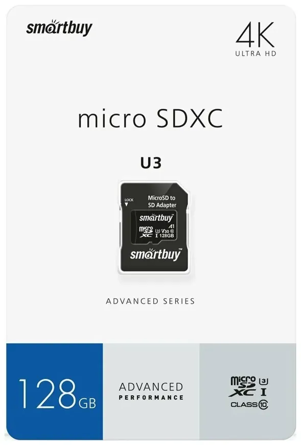 Карта памяти SMARTBUY microSDXC 128 Gb U3 V3 class10+ad(SB128GBSDU1A-AD)