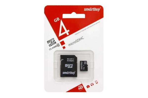 Карта памяти SMARTBUY microSDHC 4GB Class 10+adapter (SB4GBSDCL10-01)